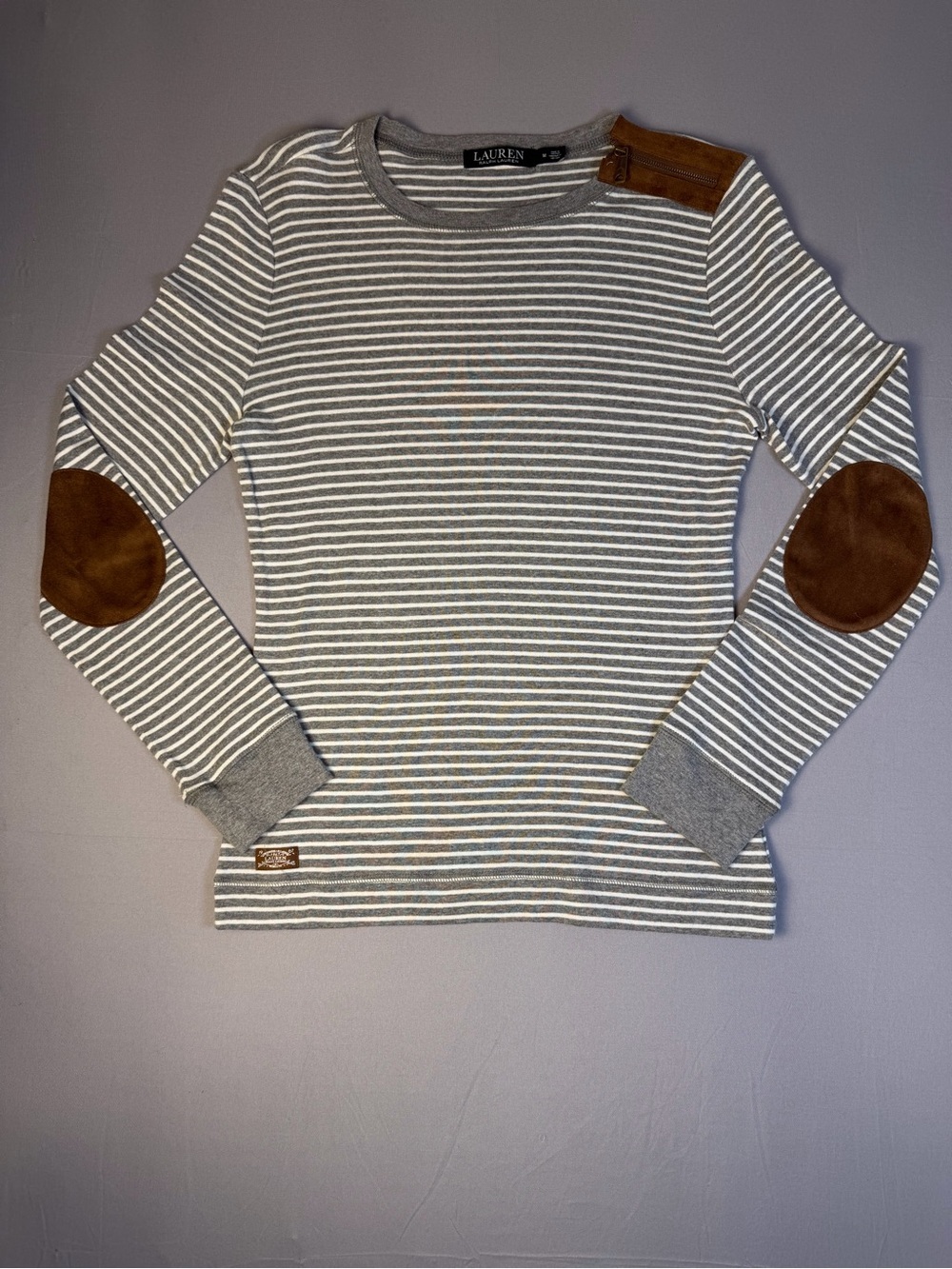 Ralph Lauren Gray and White Striped Crewneck Sweater with Brown Patch Detail M